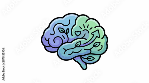 A vibrant, stylized illustration of a brain with swirling patterns and symbols