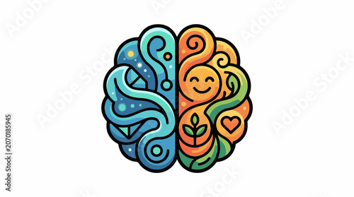 A colorful illustration of a brain with swirling patterns and symbols