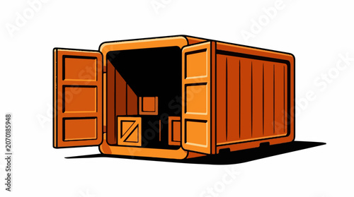 A 3D illustration of an orange shipping container with its door open