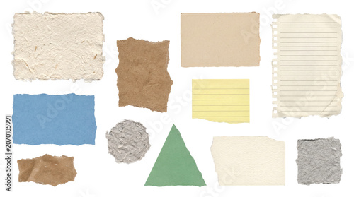 Foto Diverse collection of textured ripped paper pieces in various colors and shapes isolated on a transparent background