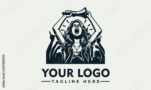 Photos Woman shouting into megaphone protest vector logo illustration for activism