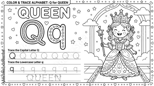 Alphabet Coloring Page for Kids Letter Q – Q for Queen Printable Tracing Worksheet