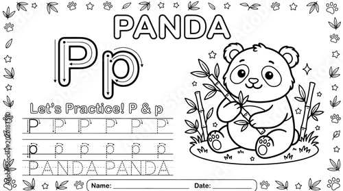 Alphabet Coloring Page for Kids Letter P – P for Panda Printable Tracing Worksheet