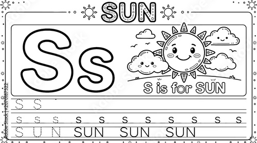Alphabet Coloring Page for Kids Letter S – S for Sun Printable Tracing Worksheet