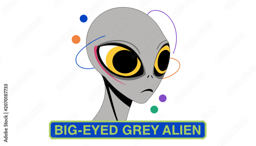 Fototapeta premium Very beautiful close-up realistic vector of a BIG-EYED GREY ALIEN featuring smooth grey skin, oversized eyes, mysterious extraterrestrial appearance, and colorful cosmic details, isolated on white bac