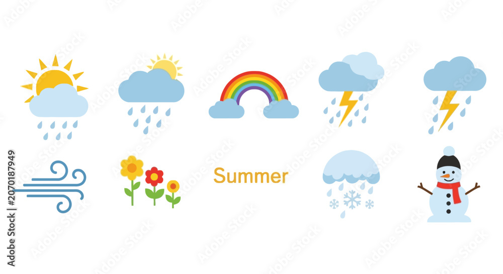 Fototapeta premium Weather and seasonal icons for meteorological forecasting
