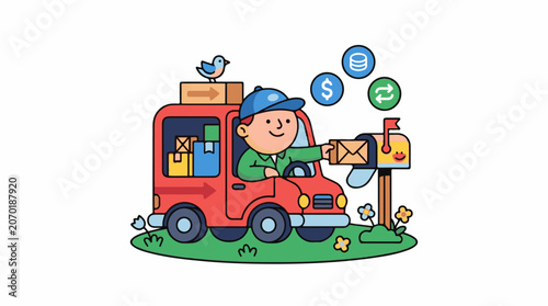 A cartoon delivery man in a red truck delivering mail