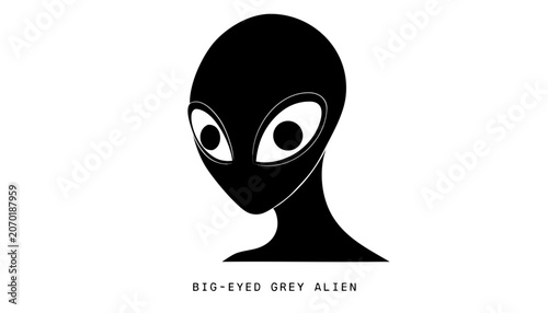 Very beautiful black and white close-up realistic vector of a BIG-EYED GREY ALIEN featuring oversized eyes and mysterious extraterrestrial styling, isolated on white background, with a label reading 