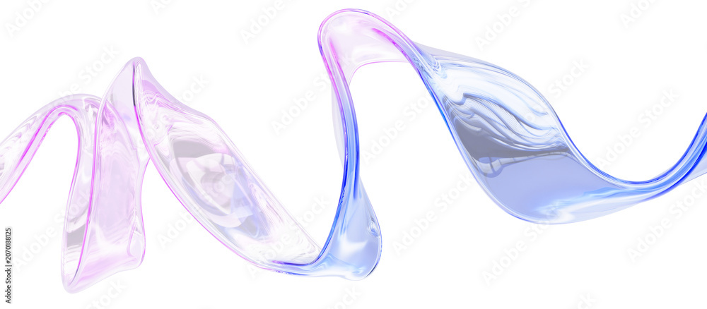 Fototapeta premium Liquid glass transparent 3d ribbon wave line with holographic gradient on light background. Abstract crystal clear water flow. Dynamic pink, blue and purple pastel trendy splash curve