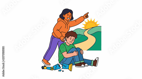 A woman helps a man with a broken leg on a path