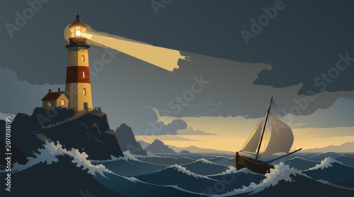 Glowing Lighthouse Guiding a Small Fragile Boat Through a Dark Storm Flat Vector Illustration on Light Background Representing Hope Guidance Leadership Safety and Navigation in Adversity
