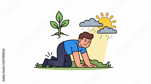 A man kneels on grass, looking worried, with a plant and sun behind