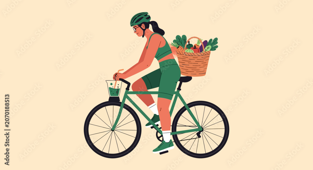 Fototapeta premium Woman riding bicycle with basket full of fresh vegetables and fruits.