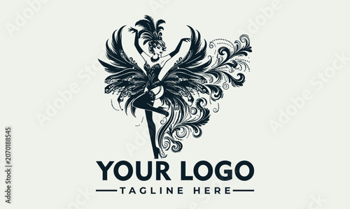Elegant Showgirl Dancer with Feathers Vector Logo Illustration for Theater