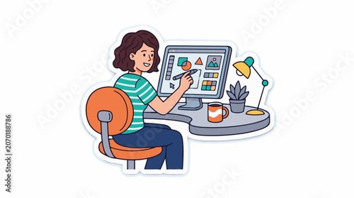 A woman with a pen in hand sitting by a computer with a cup and plant nearby