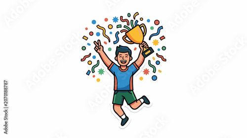 A young man in mid-air, holding a trophy and celebrating with confetti