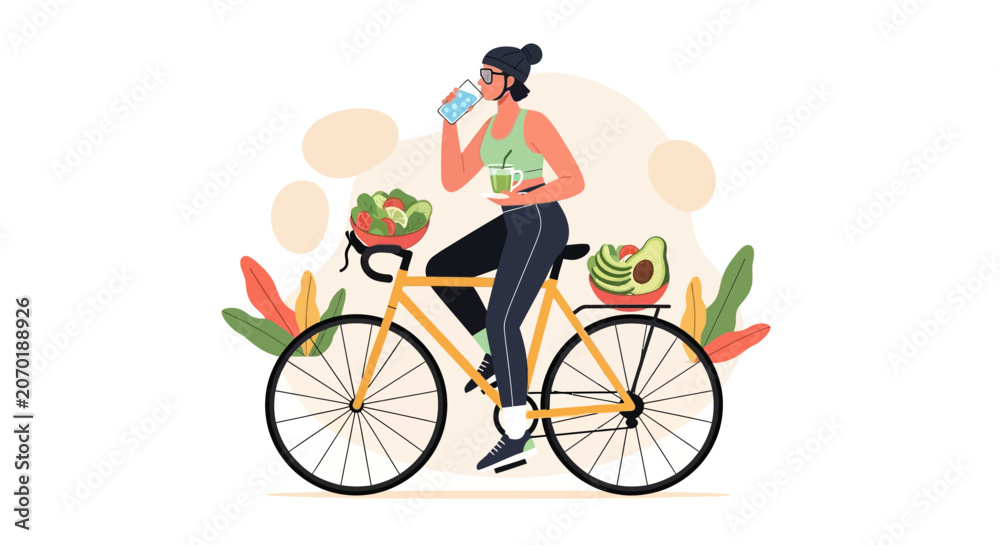 Fototapeta premium Woman riding bicycle with healthy food and drink.