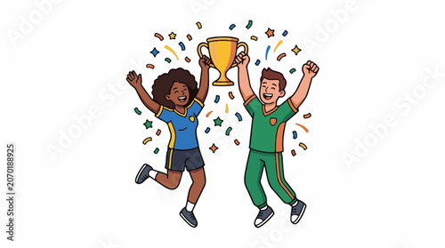 Two athletes celebrating with a trophy surrounded by confetti