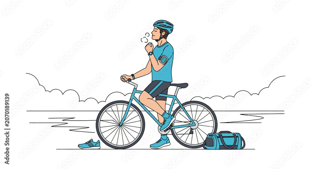 Fototapeta premium Cyclist takes a break to drink water from a bottle.