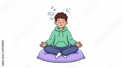 A man with brown hair sits cross-legged on a purple cushion, meditating with a serene expression