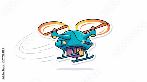 A turquoise helicopter with yellow accents and purple and yellow skis flies through the air