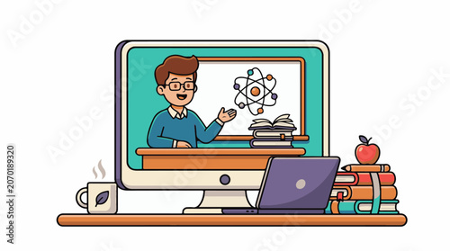 A cartoon man in glasses explains an atom on a computer screen