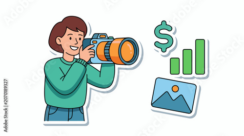 A cartoon man takes a photo with a large camera