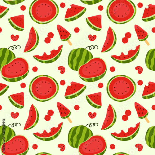 Playful seamless pattern featuring a variety of hand drawn watermelons. Including whole striped fruit, juicy sections, slices, wedges, bitten pieces, heart shaped cutouts, and watermelon ice cream.