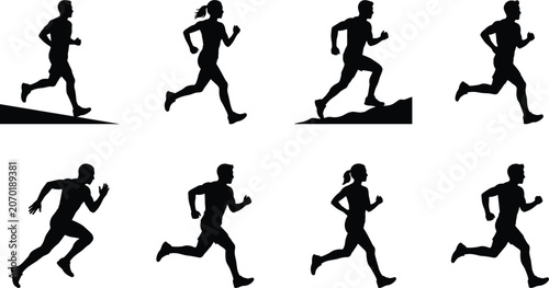 Running Athlete Silhouette Set with Jogging Sprinting and Outdoor Fitness Training
