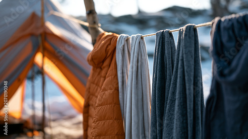 Winter expedition camper hanging wet base layers inside tent using cord strung between poles, moisture management discipline, cold weather camp organization, subzero camping life