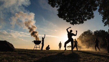 Vibrant Silhouette of Happy People Celebrating Juneteenth at a Joyful Outdoor Barbecue with Smoke and Warm Sunlight, Symbolic Representation of Freedom and Community Heritage Celebration Event
