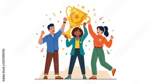 Diverse team celebrates winning trophy with confetti and stars, concept of success