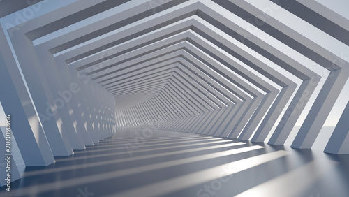 Foto Abstract 3D render of a futuristic white geometric corridor with repeating penta