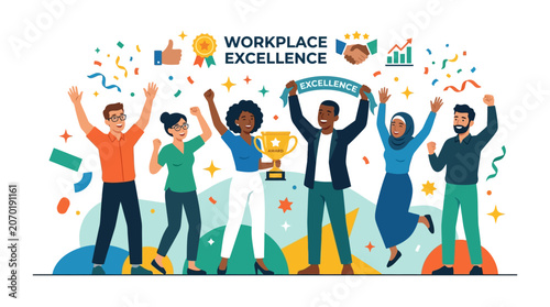 Diverse Team Celebrates Workplace Excellence Victory with Trophy and Confetti
