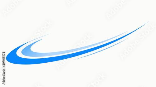 A flat vector illustration of a dynamic blue swoosh sweeping curved line representing speed and fast forward motion, ideal for sports branding, speed services, logo design, and dynamic graphic element