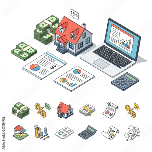Collection of colorful business and technology icons on white background.