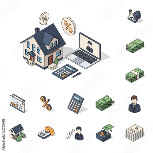 Collection of colorful business and financial icons on white background.