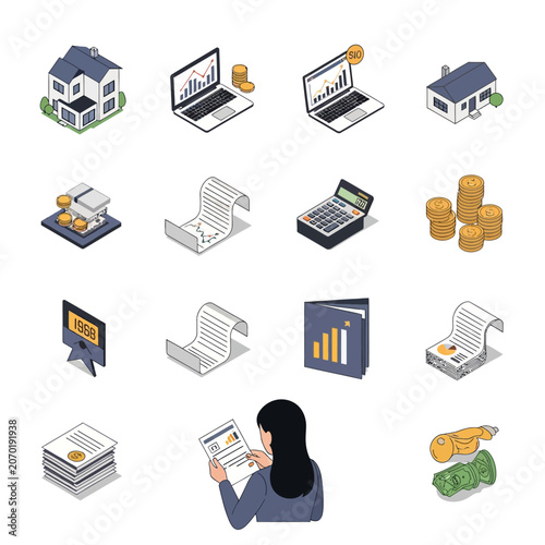 Collection of colorful flat design office supplies and accessories.