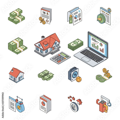 Collection of colorful isometric business and finance icons set.