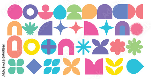 Minimalist colorful geometric shapes and abstract art elements for modern graphic branding and patterns
