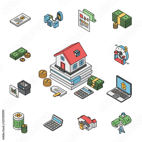 Collection of colorful isometric miniature buildings and vehicles.