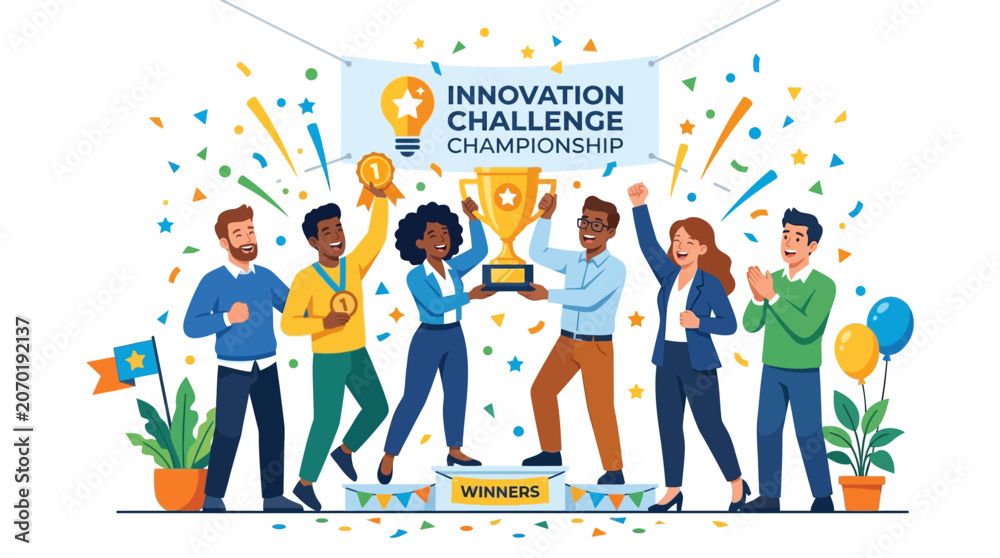 Obraz premium Diverse team celebrating innovation challenge championship victory with trophy and confetti.