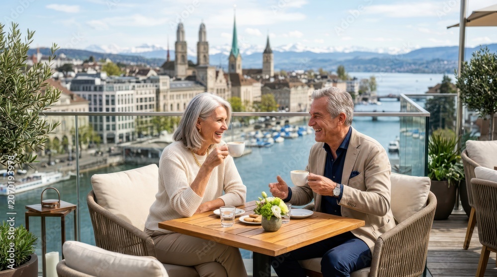 Obraz premium Happy senior couple enjoying coffee on a rooftop terrace with city and lake views