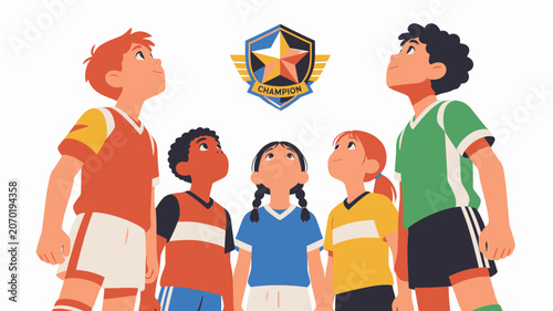 Obraz na plátne Diverse group of children in sports jerseys looking up at a logo.