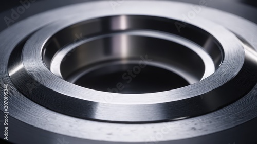 Precision engineered polished steel component with concentric rings, reflecting high tech industrial manufacturing and mechanical precision in a close up metallic macro detail