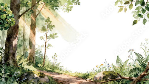 Watercolor forest path frame with trees and sunlight