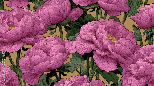 Seamless vibrant botanical pattern with outlined light pink peony flowers, subtle yellow flower center details, bold black contour lines, outlined green leaves and stalks, dense all-over print on soli