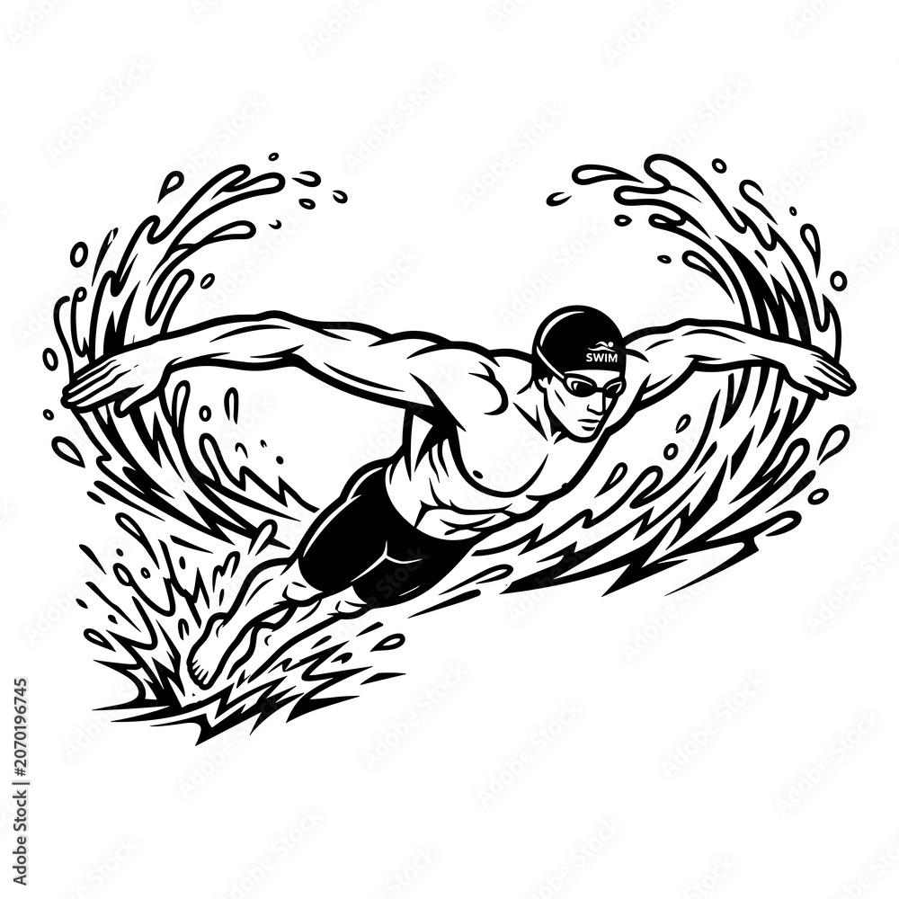 Fototapeta premium Swimmer's powerful butterfly stroke, creating a splashy wake in the water. Capturing the dynamic motion and athletic prowess of the swimmer in a stylized illustration.