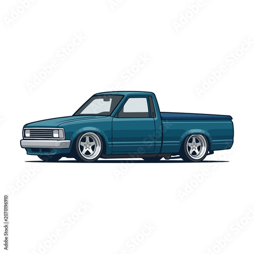 Custom Teal Pickup Truck, Lowrider Style, Vintage Vehicle Art