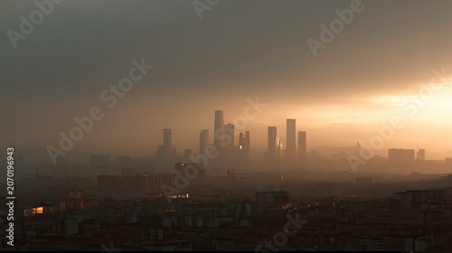 Urban skyline with modern high rise buildings silhouetted against a golden sunset sky, highlighting the dense architectural landscape and the glow of the setting sun over the city
